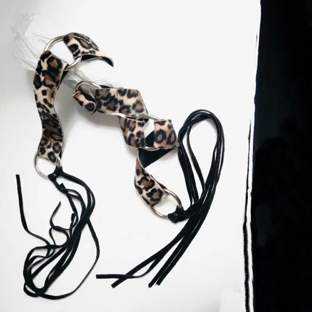 Silver Rings.Faux Leopard & Black Suede Fringe Tie Belt